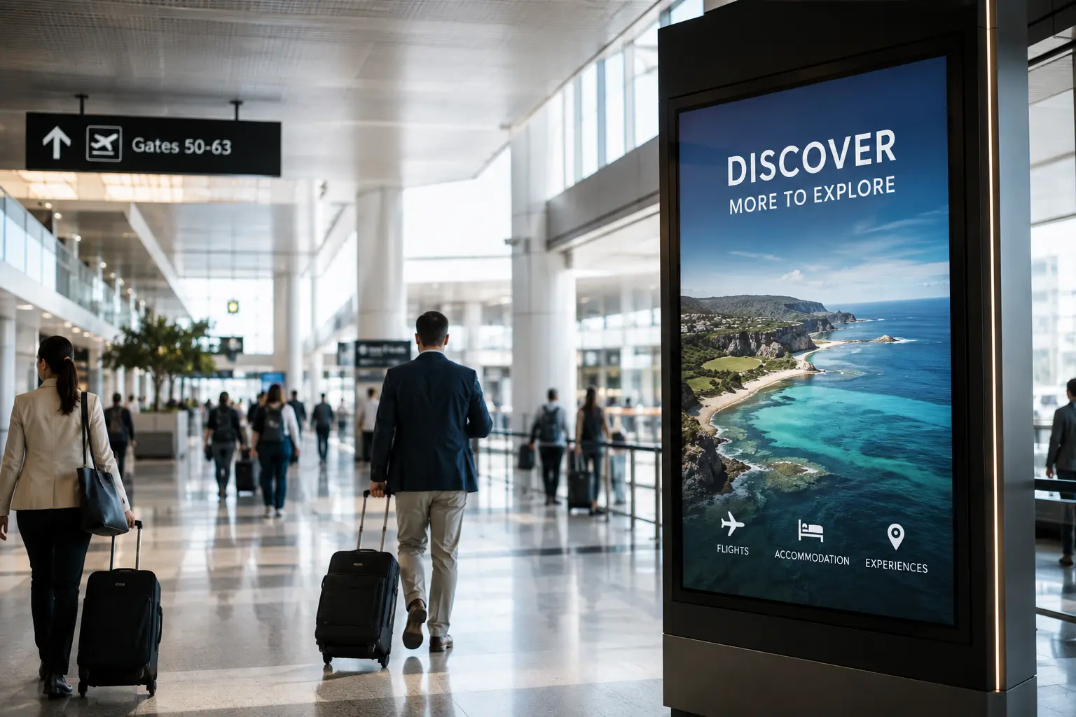 Passengers moving through a modern airport terminal with digital advertising and wayfinding displays