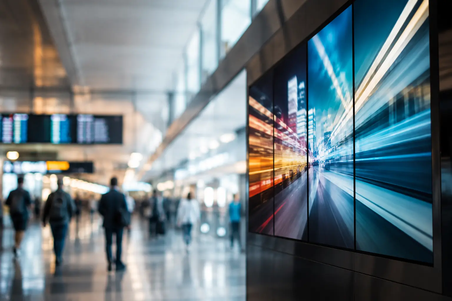 Modern airport terminal featuring large-format digital media displays and passenger activity