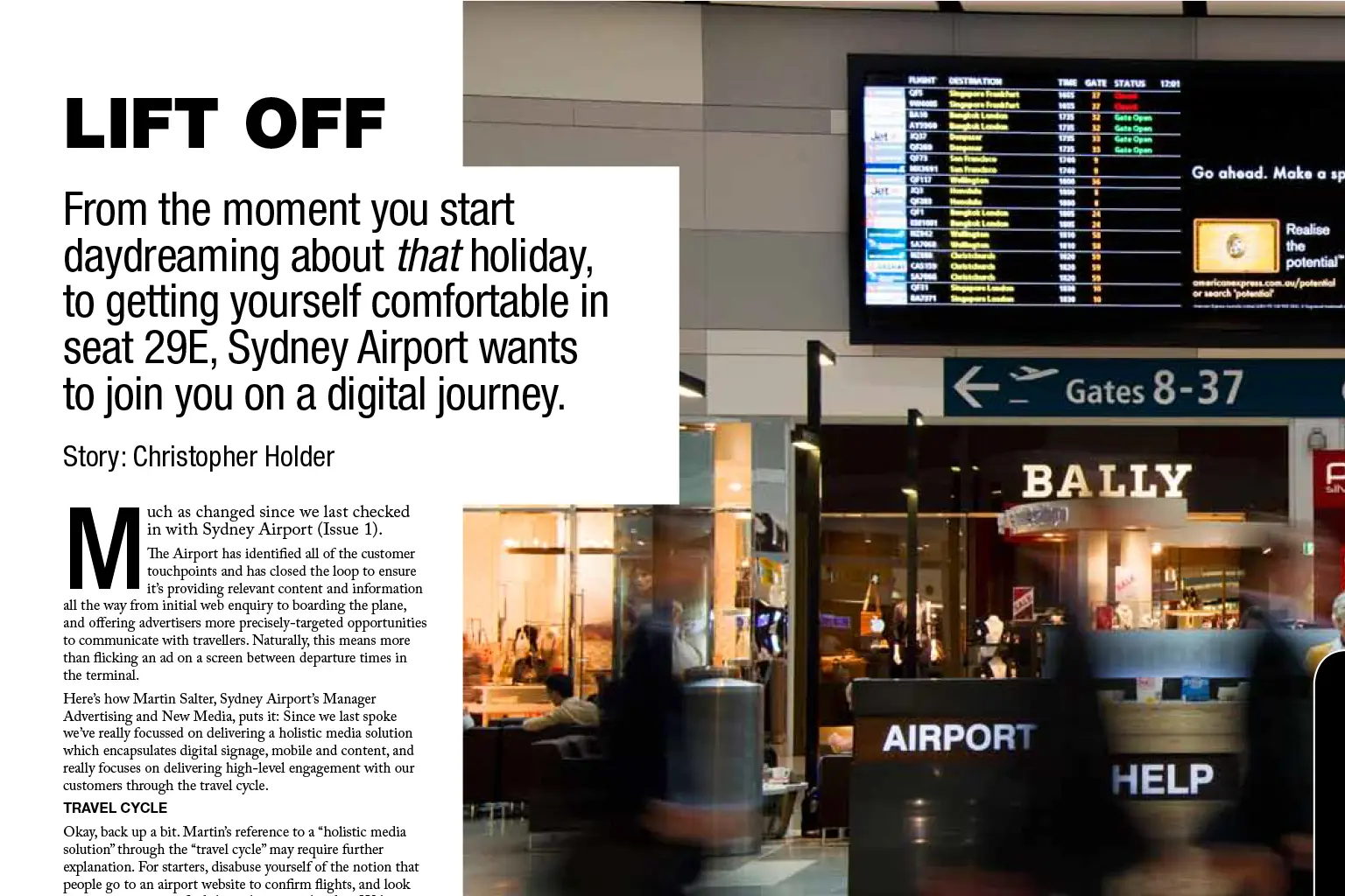 Passenger using mobile technology alongside digital signage throughout the airport travel journey