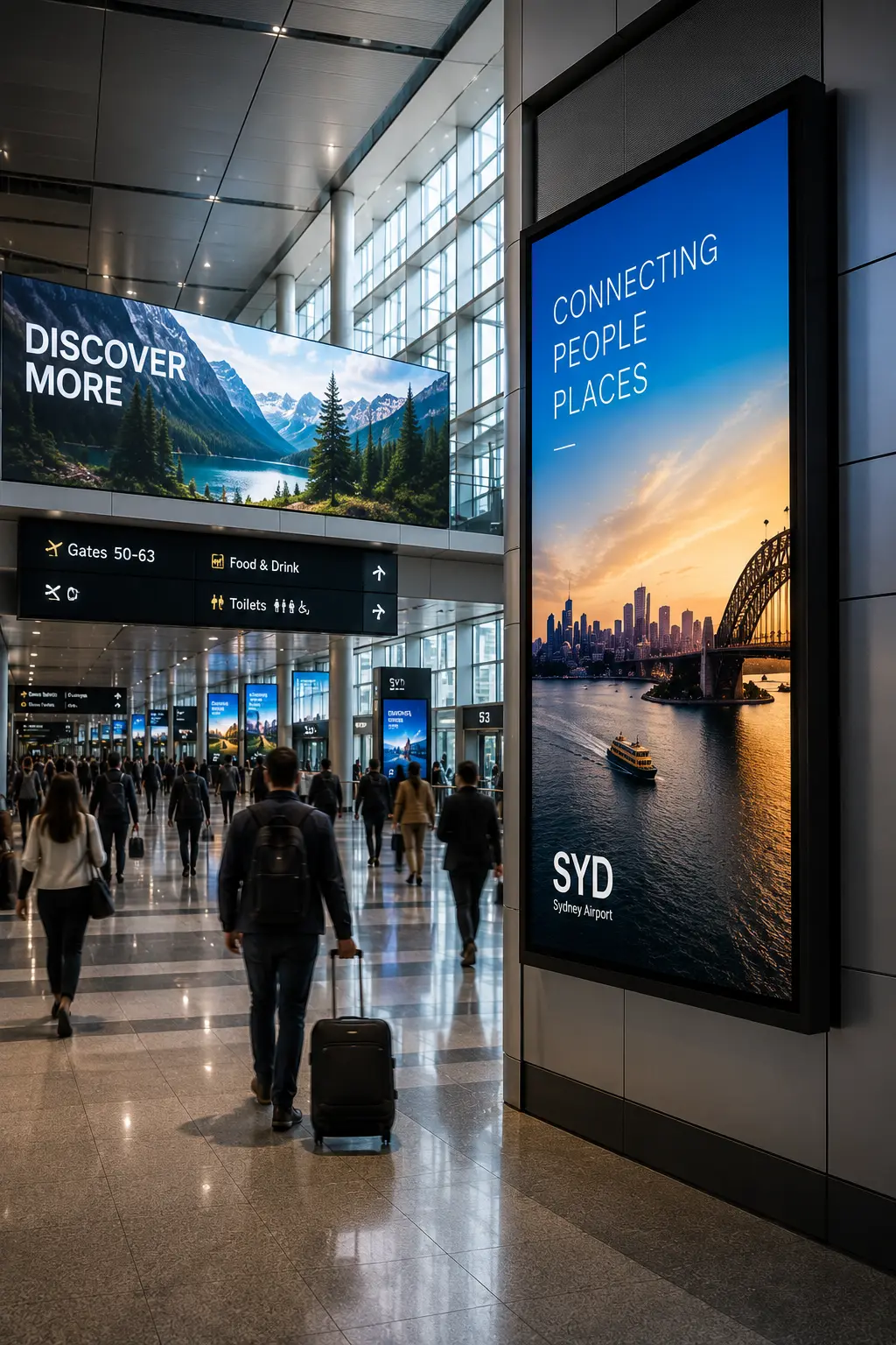 Large-format digital advertising screen inside a modern airport terminal