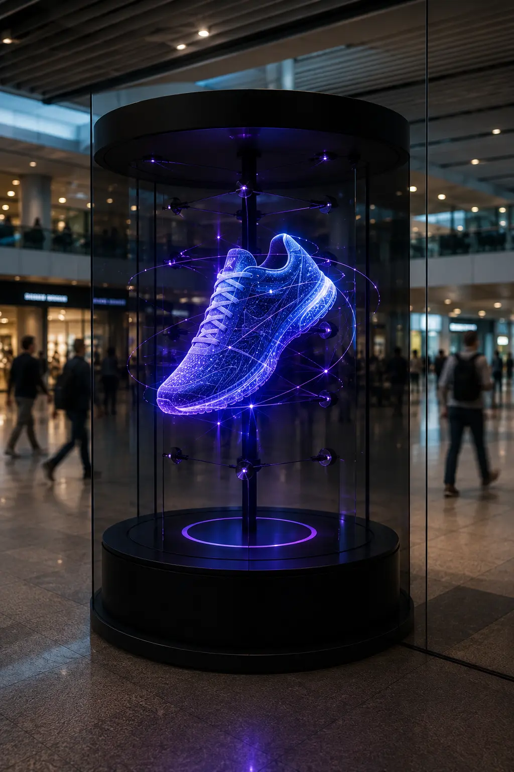 3D holographic shoe advertisement displayed inside a busy airport terminal
