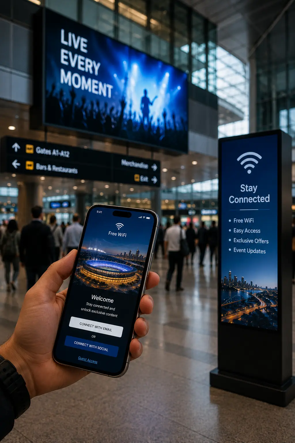 Airport passenger using mobile phone connected to branded WiFi marketing platform